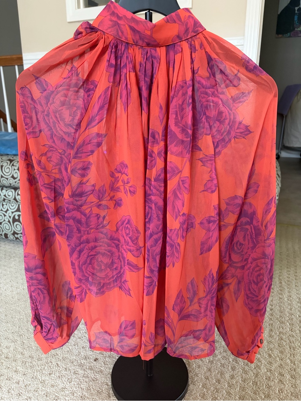 Olivaceous Coral Sheer Blouse with Purple Floral Print - Picture 2 of 2